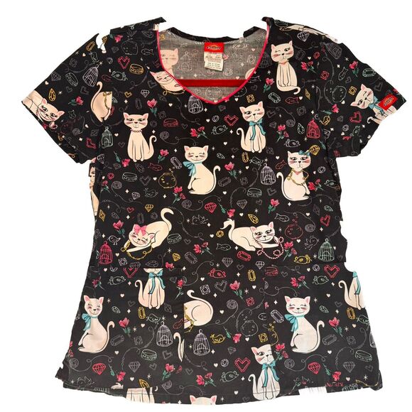 Dickies Scrub Top Women’s M Black Cats Diamond All Over Print ‎ Short Sleeve - Picture 1 of 7
